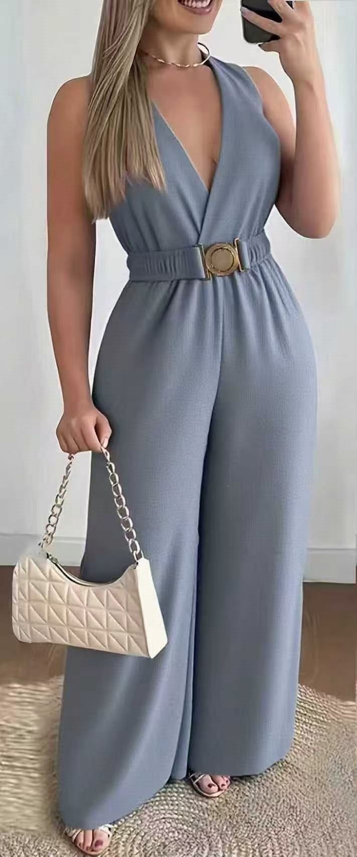 Habit :Combinaison femme sans manches à col en V profond et jambes larges