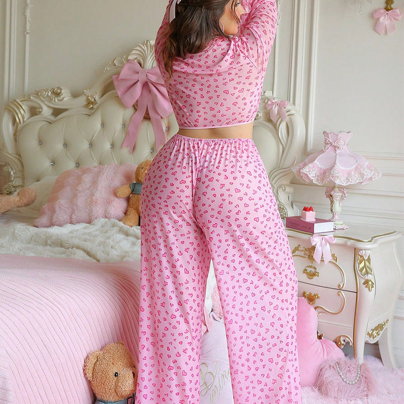 Ensemble de pyjama en dentelle transparente à motif cœur