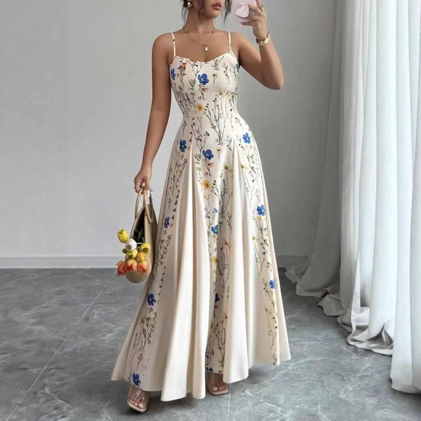 Robe sans manches à imprimé floral avec ceinture à la taille