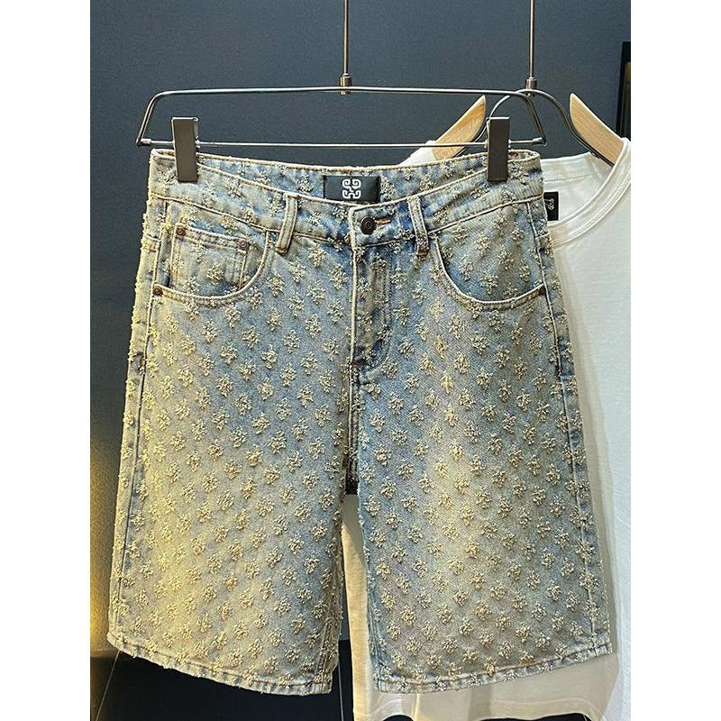 Shorts en denim de style américain 2024 pour hommes, été, coupe droite ample, déchirés, jacquard, haut de gamme, pantalon mi-long