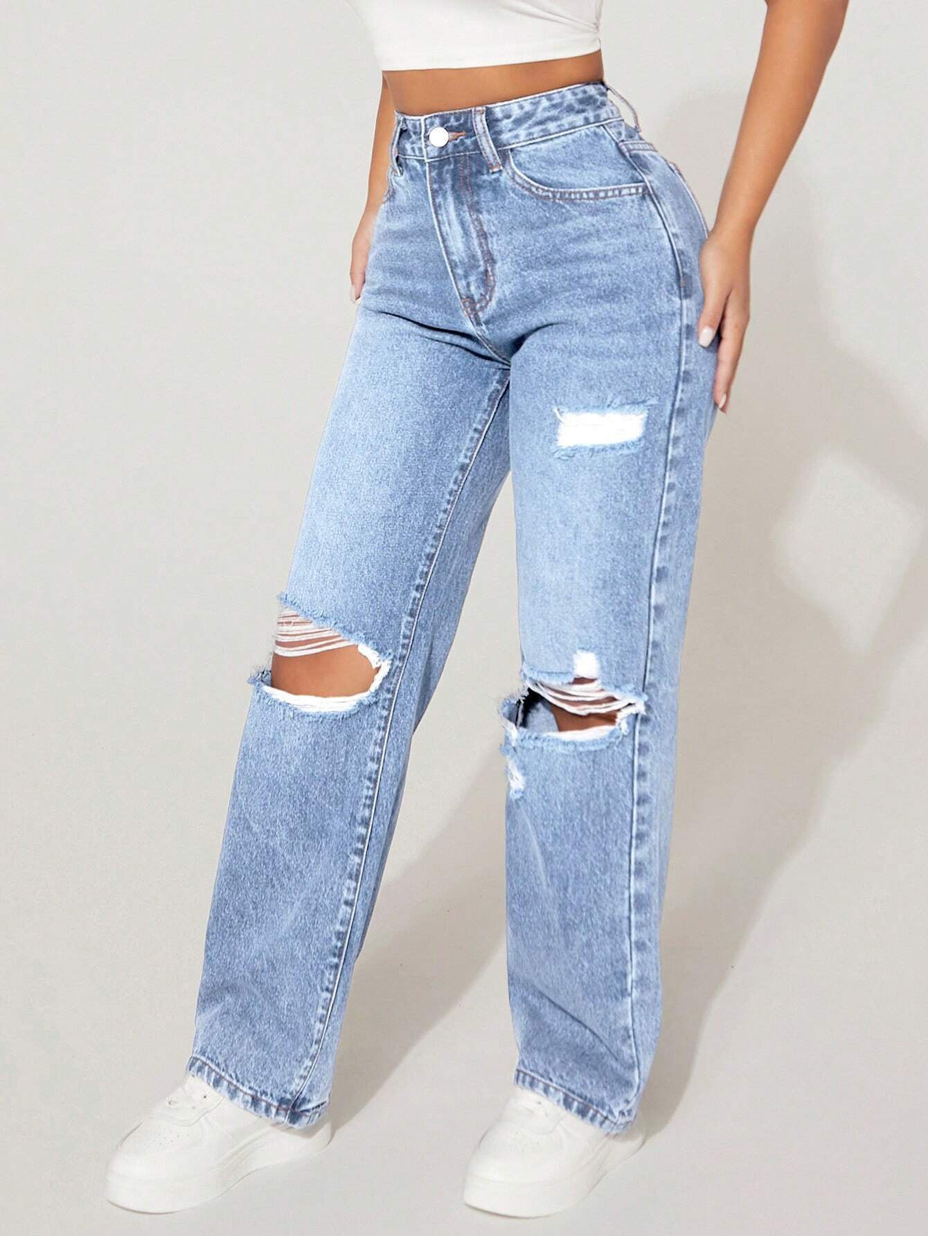 Pantalon en jean droit taille haute pour femmes