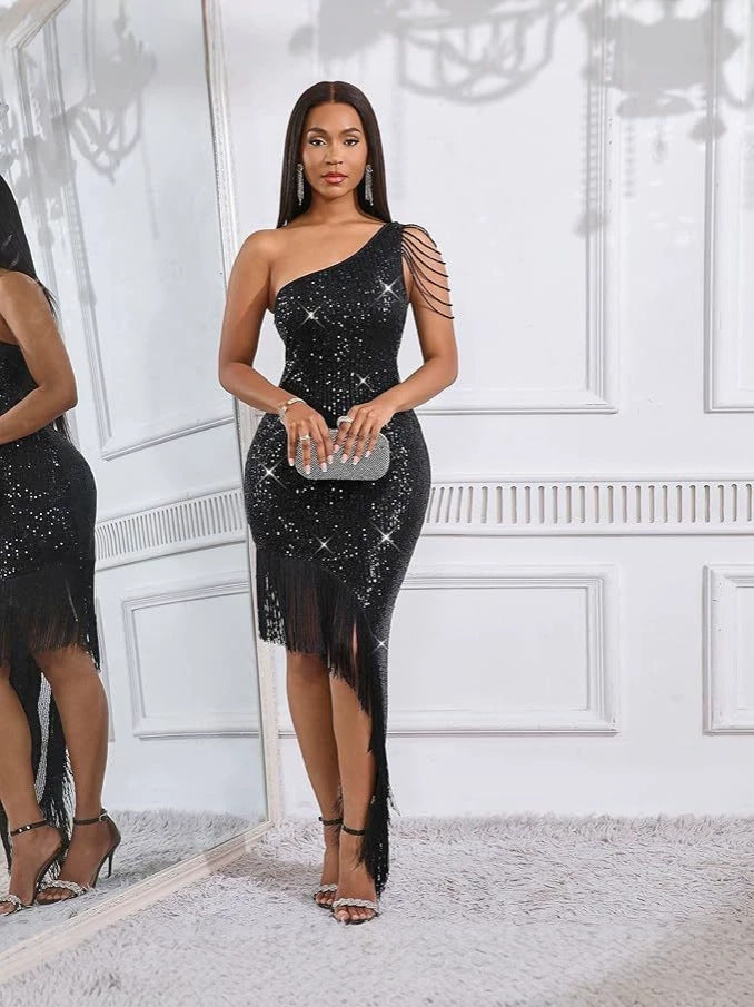 Habit :Robe de soirée asymétrique à sequins et pampilles de cristal pour femme