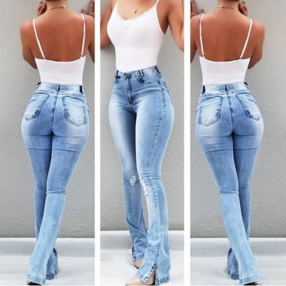 Jean évasé taille haute élastique pour femmes