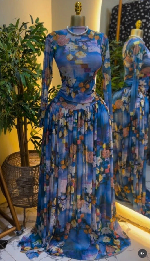 Robe longue plissée en maille imprimée pour femmes