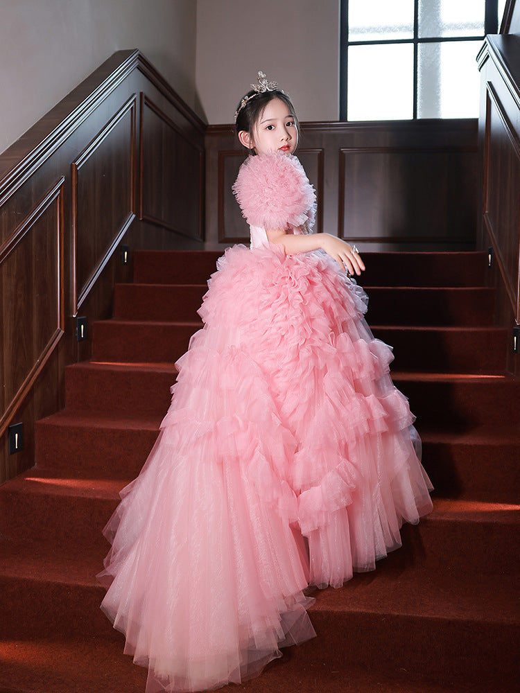 Robe de spectacle pour filles en lin rose