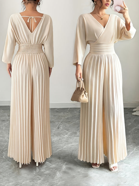 Combinaison élégante plissée à taille haute avec col en V