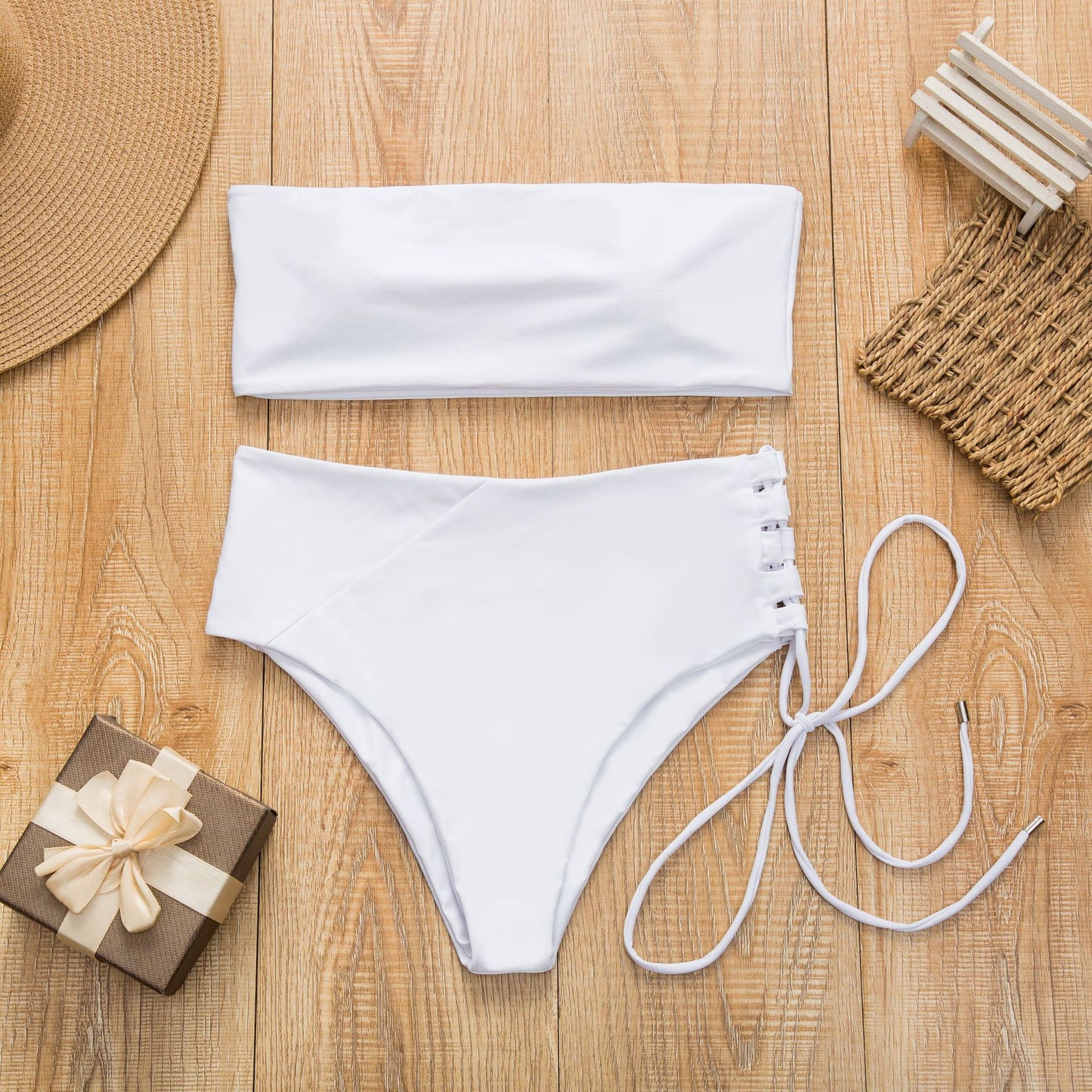 Maillot de bain bikini taille haute couleur unie