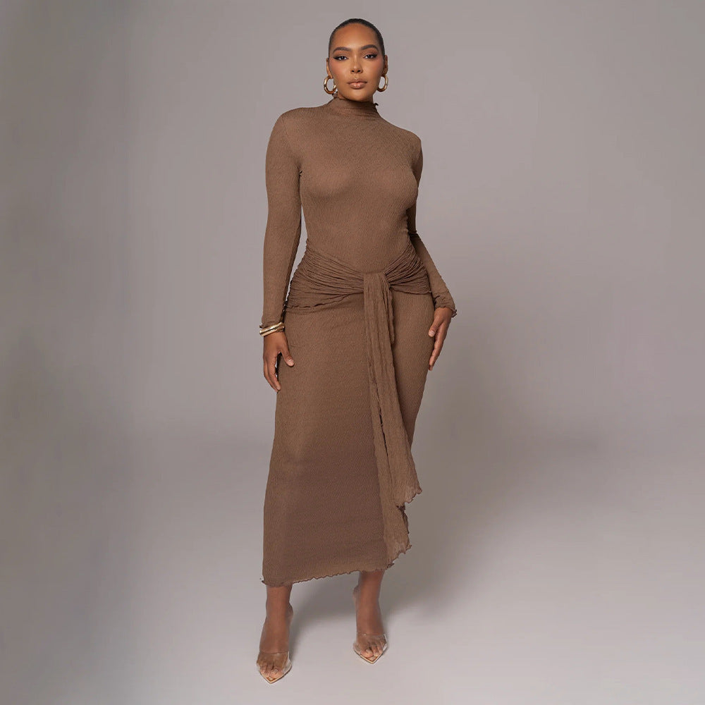 Robe longue ajustée plissée, unie, à manches longues, tendance et sexy