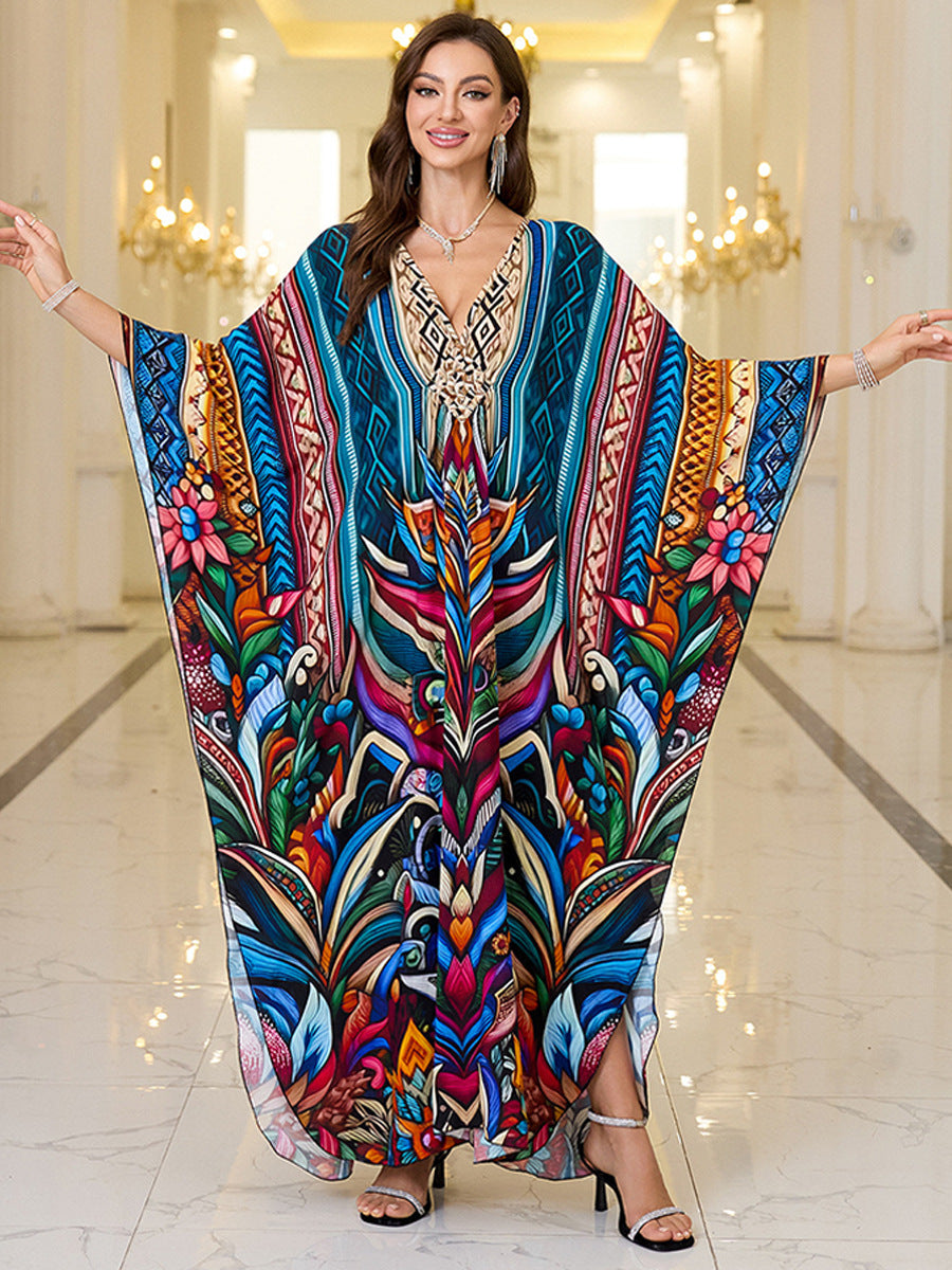 Robe longue de plage imprimée en coton pour femme, robe longue ample, paréo, vêtement de protection solaire