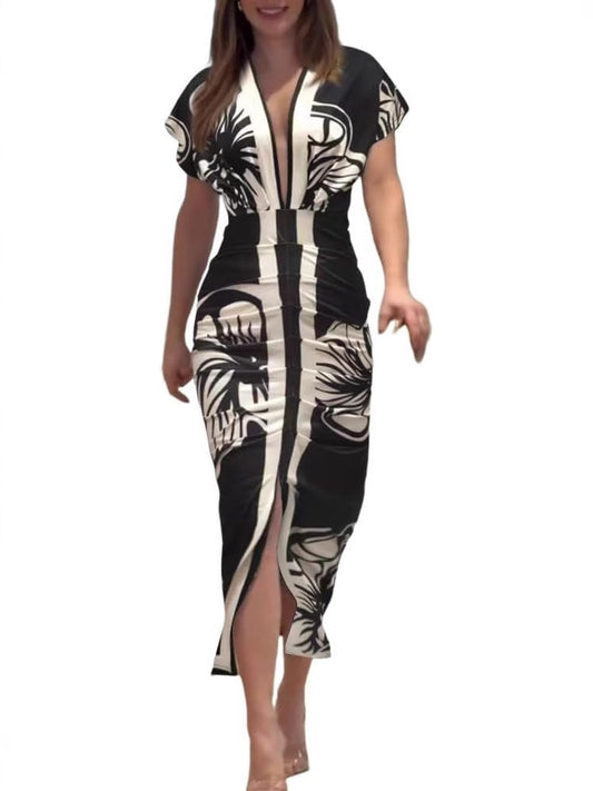 Robe imprimee a col en V et fente pour femme