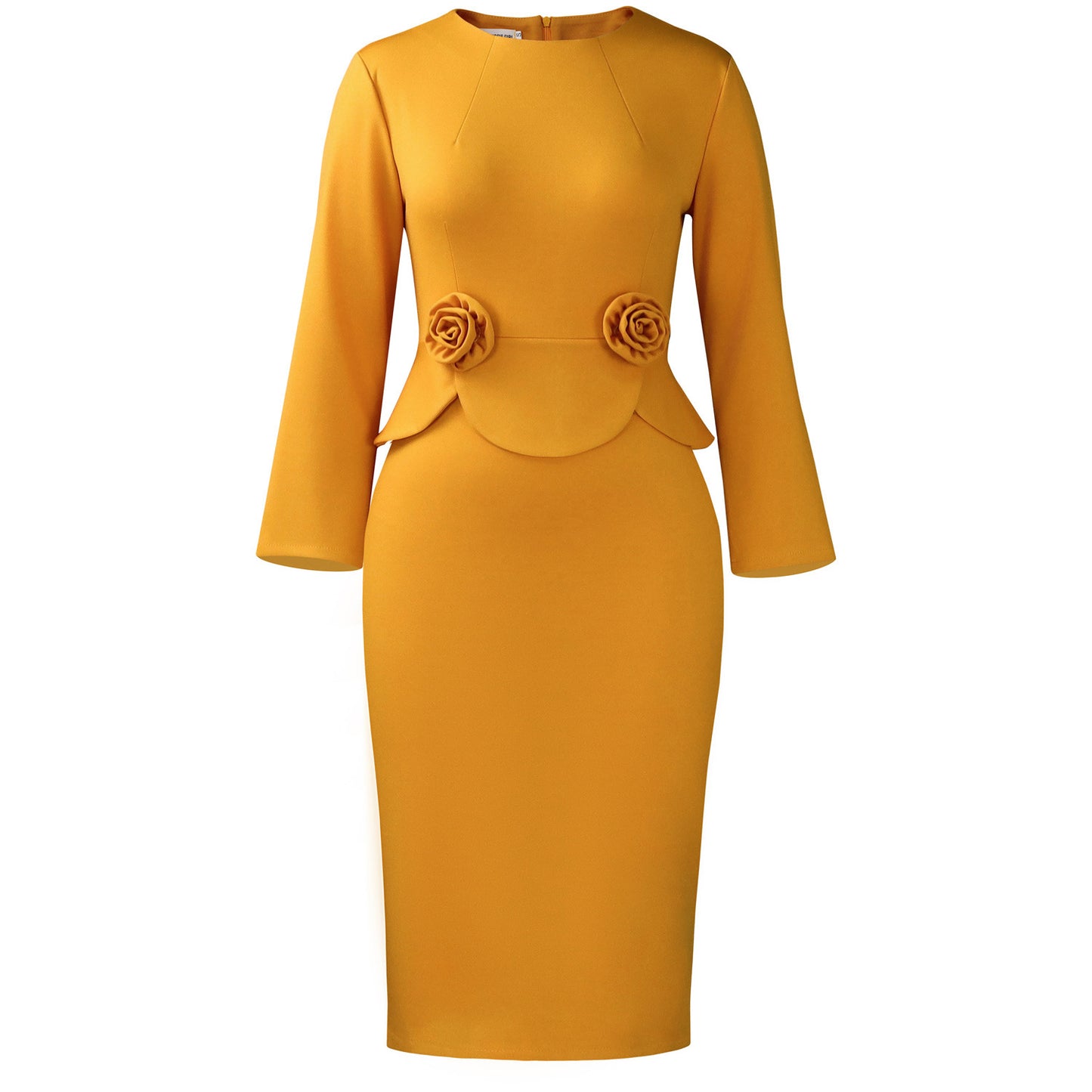Habit :Robe femme à col rond et manches longues, couleur unie, à fleurs en relief