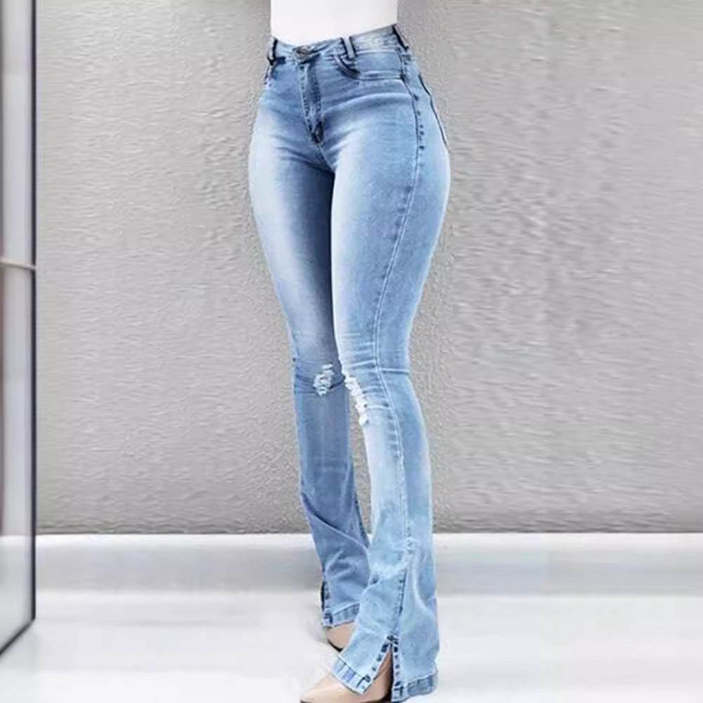 Jean évasé taille haute élastique pour femmes