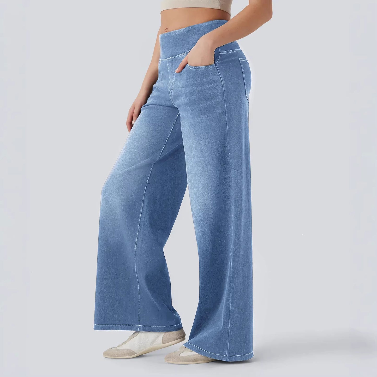 Pantalon en jean femme taille haute à jambes larges et élastique