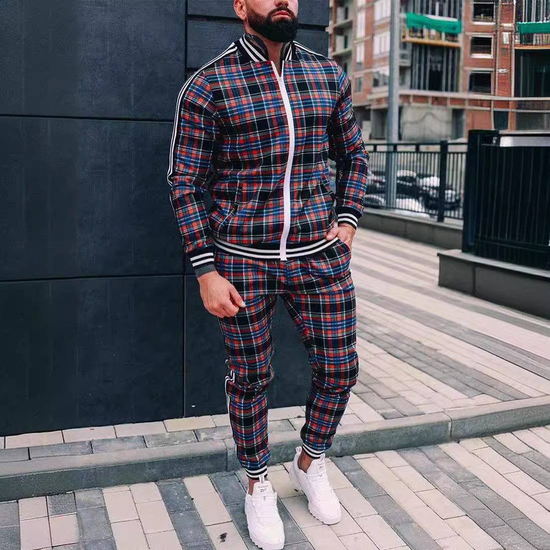 Ensemble veste et pantalon à carreaux pour homme, style sport décontracté