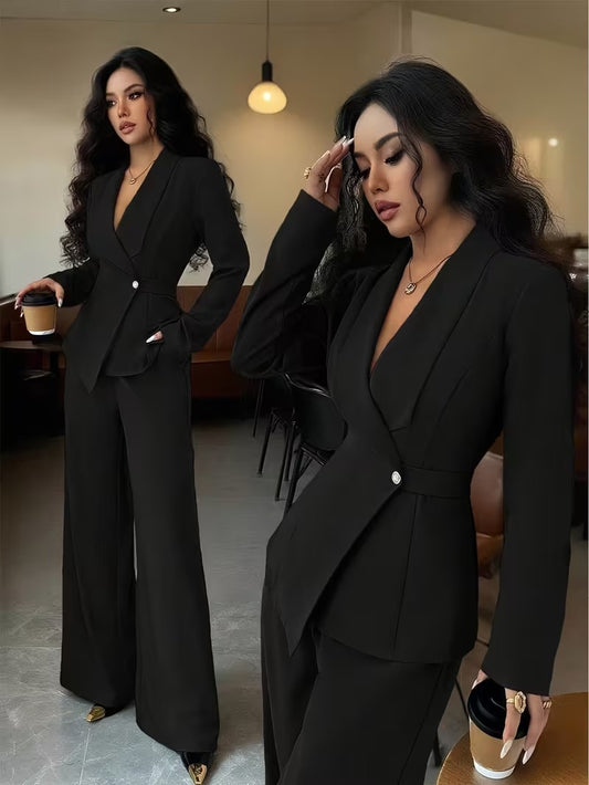 Ensemble deux pièces pour femme : veste longue à col en V et pantalon à jambes larges