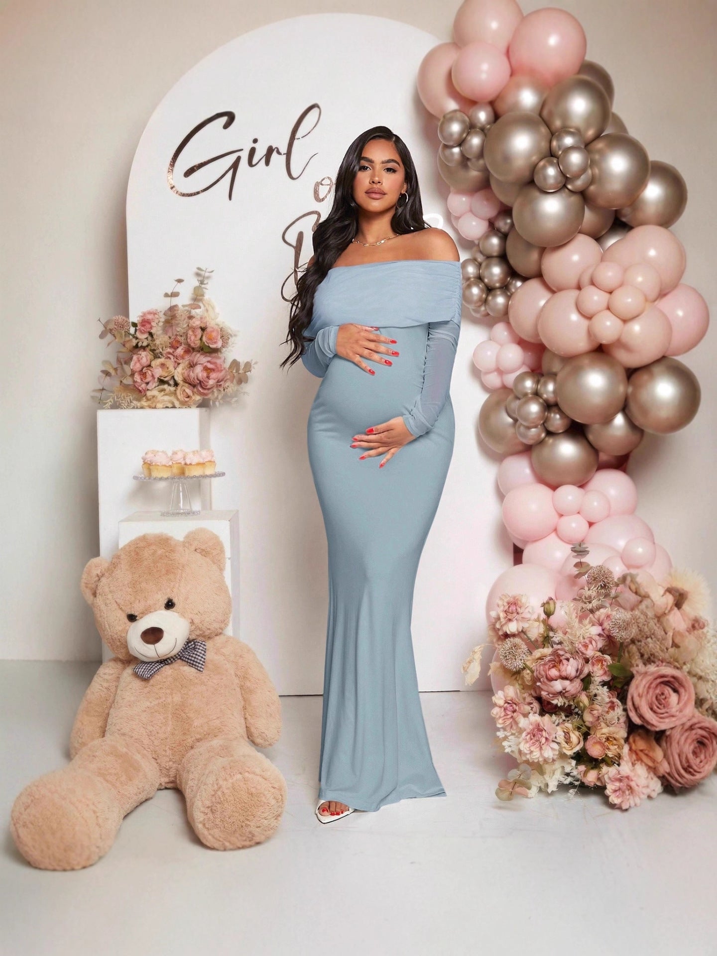 Robe grossesse style sirène à manches longues et épaules dénudées