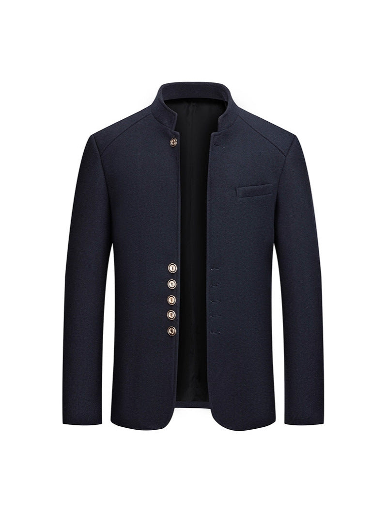 Manteau en laine pour hommes automne et hiver, décontracté, coupe slim, col droit style Zhongshan, manteau en laine uni pour hommes