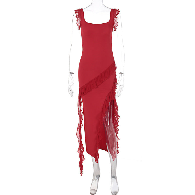 Robe longue fendue à volants sans manches