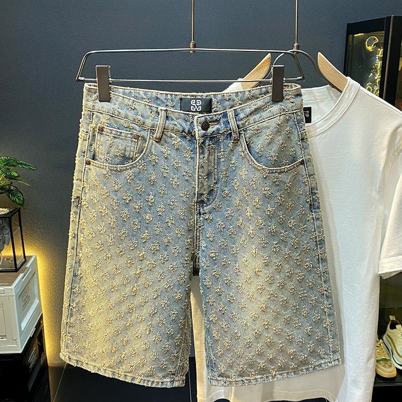 Shorts en denim de style américain 2024 pour hommes, été, coupe droite ample, déchirés, jacquard, haut de gamme, pantalon mi-long