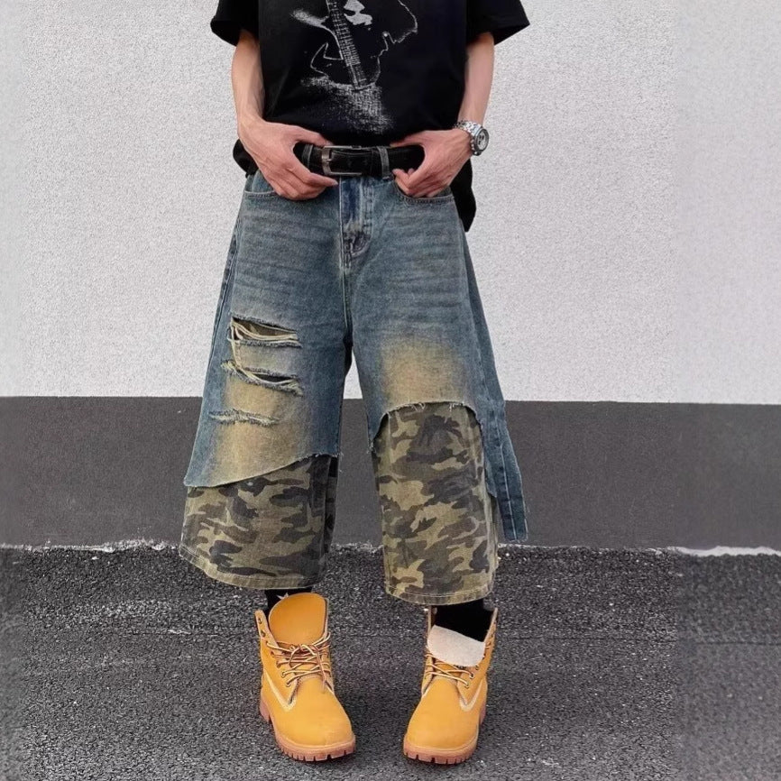 Shorts en jean lavé pour hommes taille haute style raccourci et usé