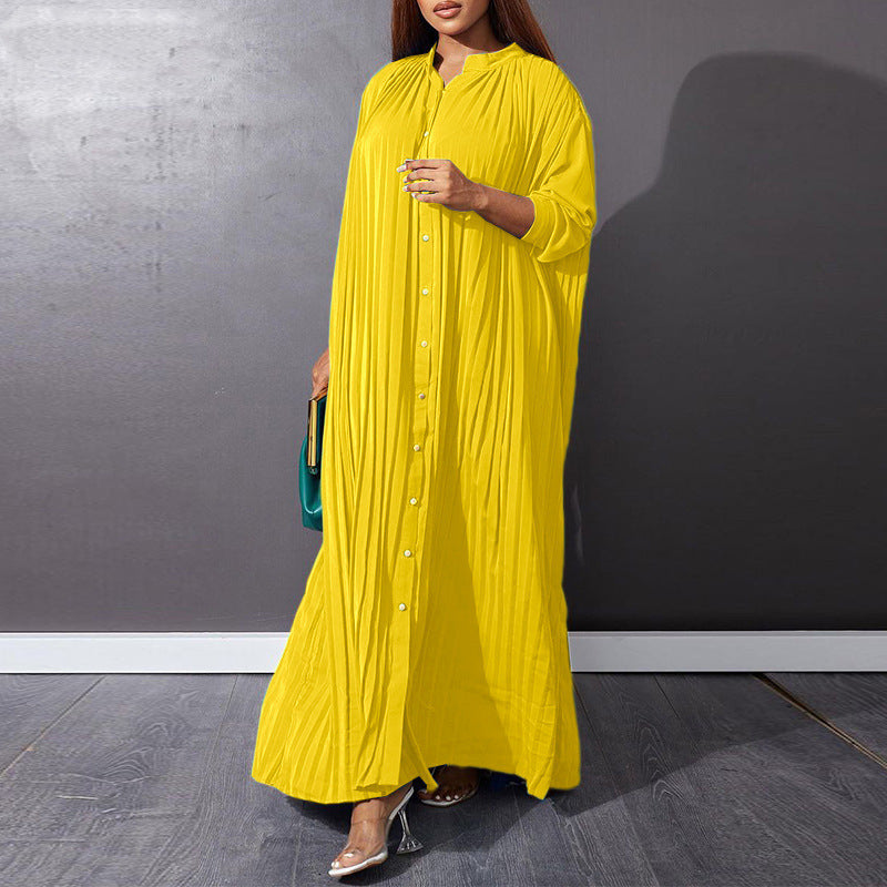 Robe chemise décontractée à manches longues plissée unie boutonnée