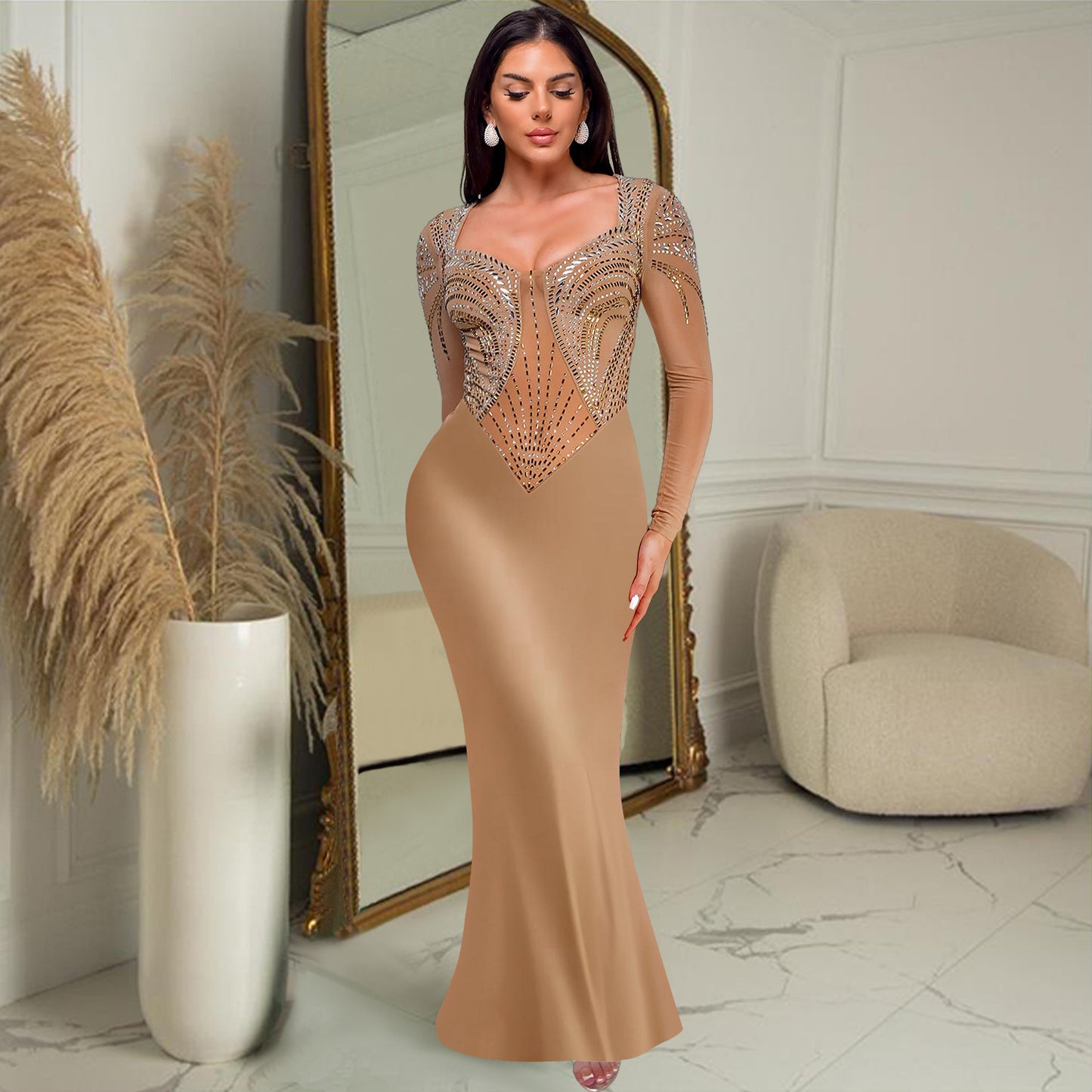 Vêtements pour femmes Vente chaude Nouvelle mode Robe sexy moulante à la taille avec diamant, couleur unie
