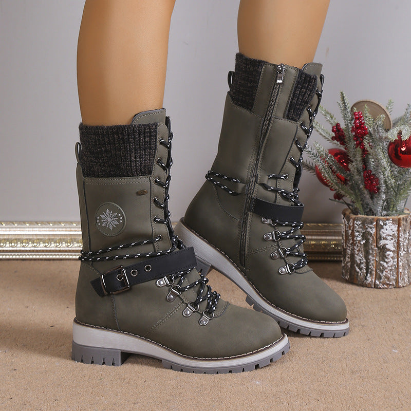 Bottes d'hiver pour femmes doublées de fourrure, chaudes, montantes, à lacets