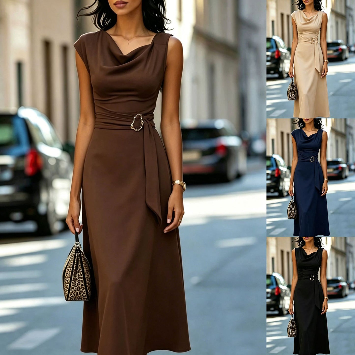 Robe A-ligne élégante à taille nouée asymétrique