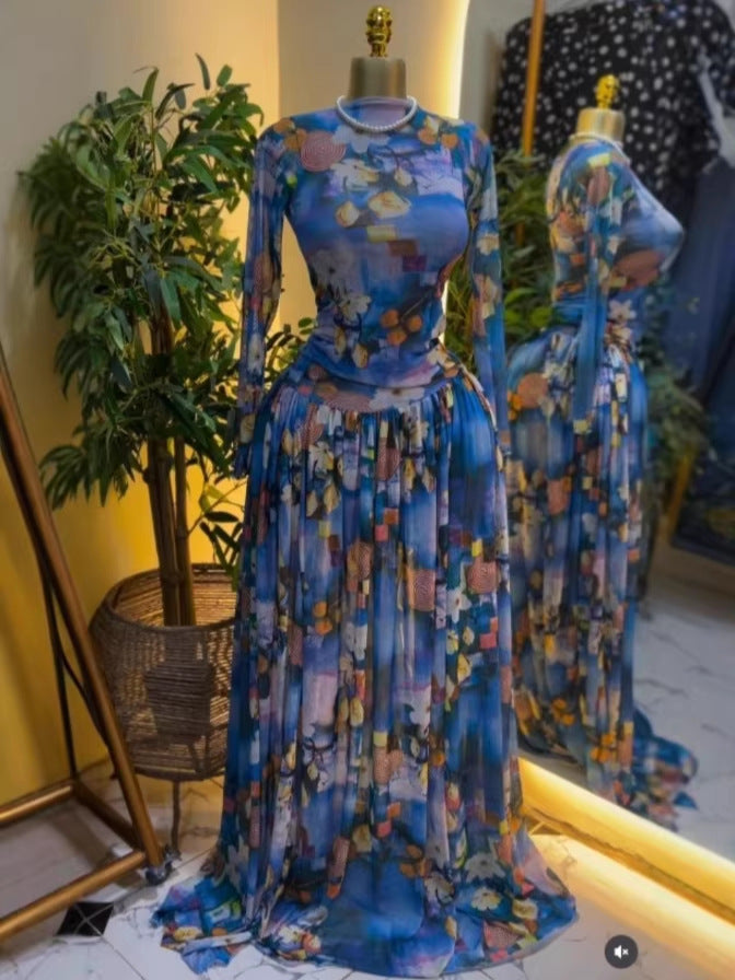Robe longue plissée en maille imprimée pour femmes