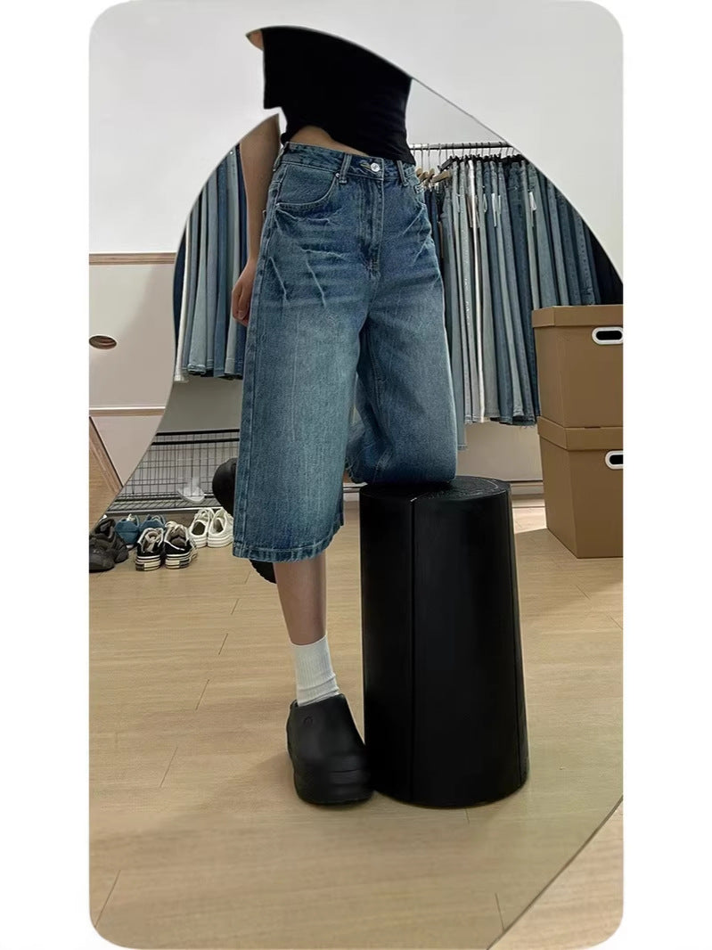 Pantalon en jean large et raccourci en bambou avec strass