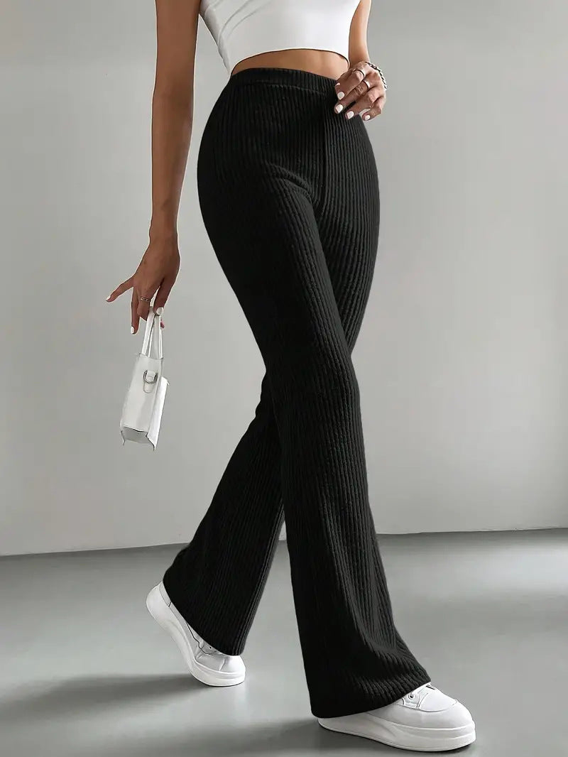 Pantalon évasé pour femmes, pantalon en tricot côtelé uni décontracté