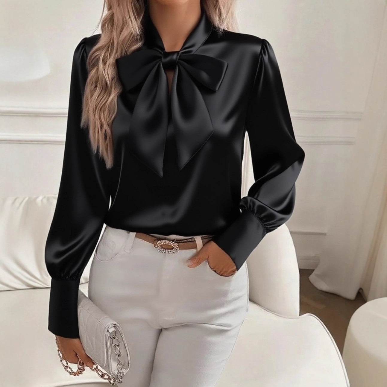 Blouse en satin avec nœud pour femmes