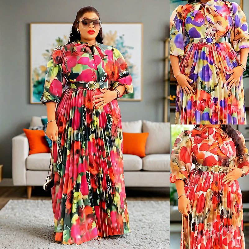 Habit :robe à col écharpe, manches bouffantes, imprimé à la taille, style affirmé