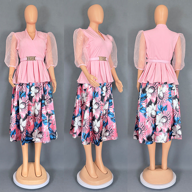 Habit :Ensemble deux pièces pour femme : haut et jupe en mousseline à imprimé floral