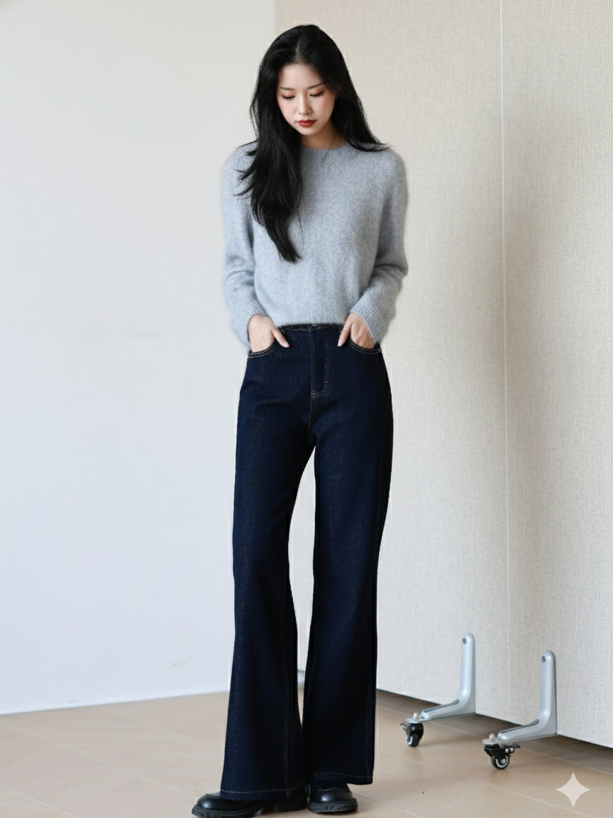 Jean bootcut en denim doublé en polaire, pantalon stretch taille haute