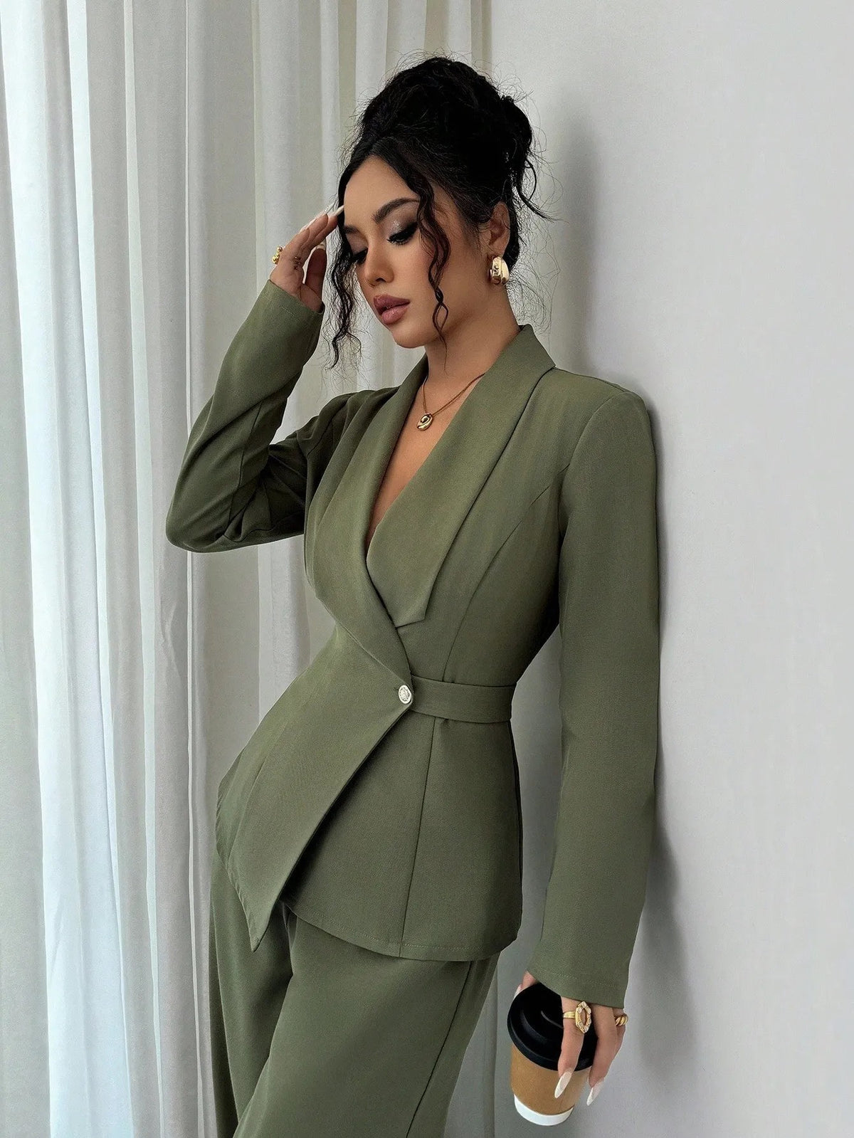 Ensemble deux pièces pour femme : veste longue à col en V et pantalon à jambes larges