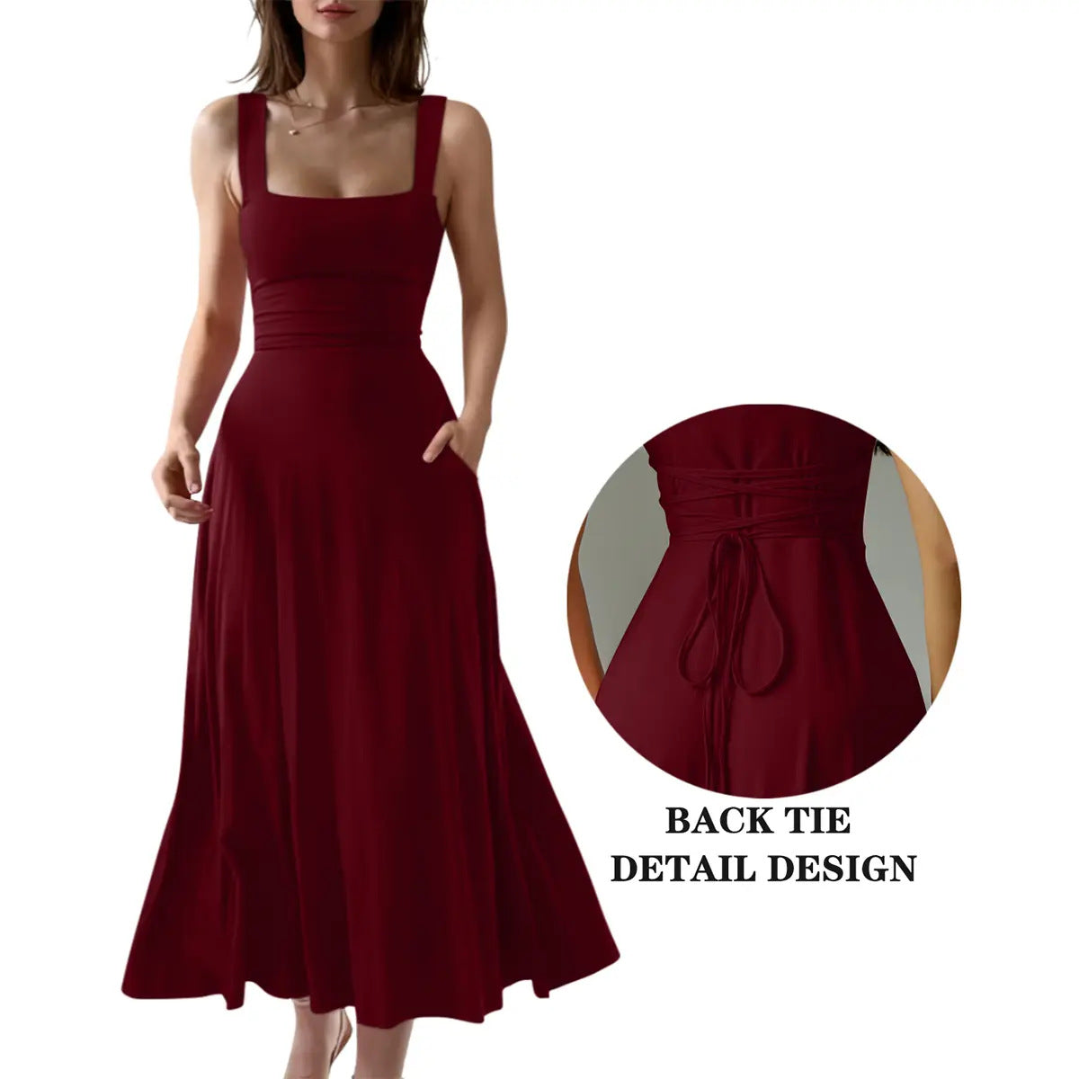 Robe longue élégante à bretelles épaisses et col carré