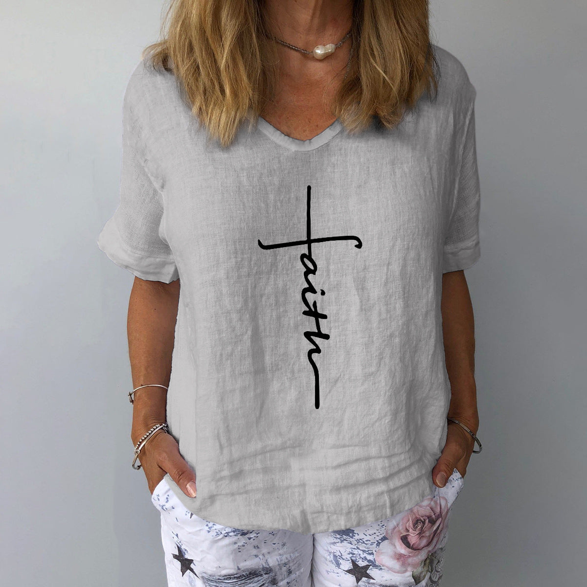 Chemise courte à manches en coton et lin imprimé