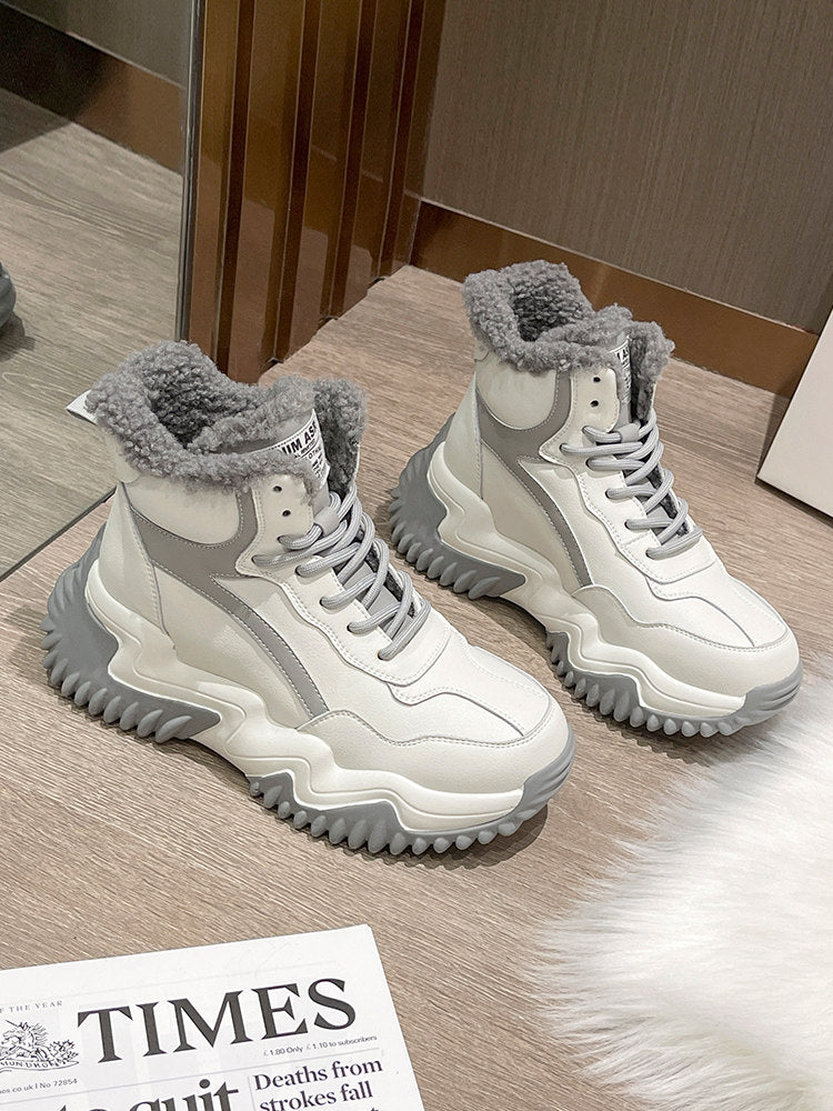 Bottes de neige pour femmes en cuir véritable doublées de peluche