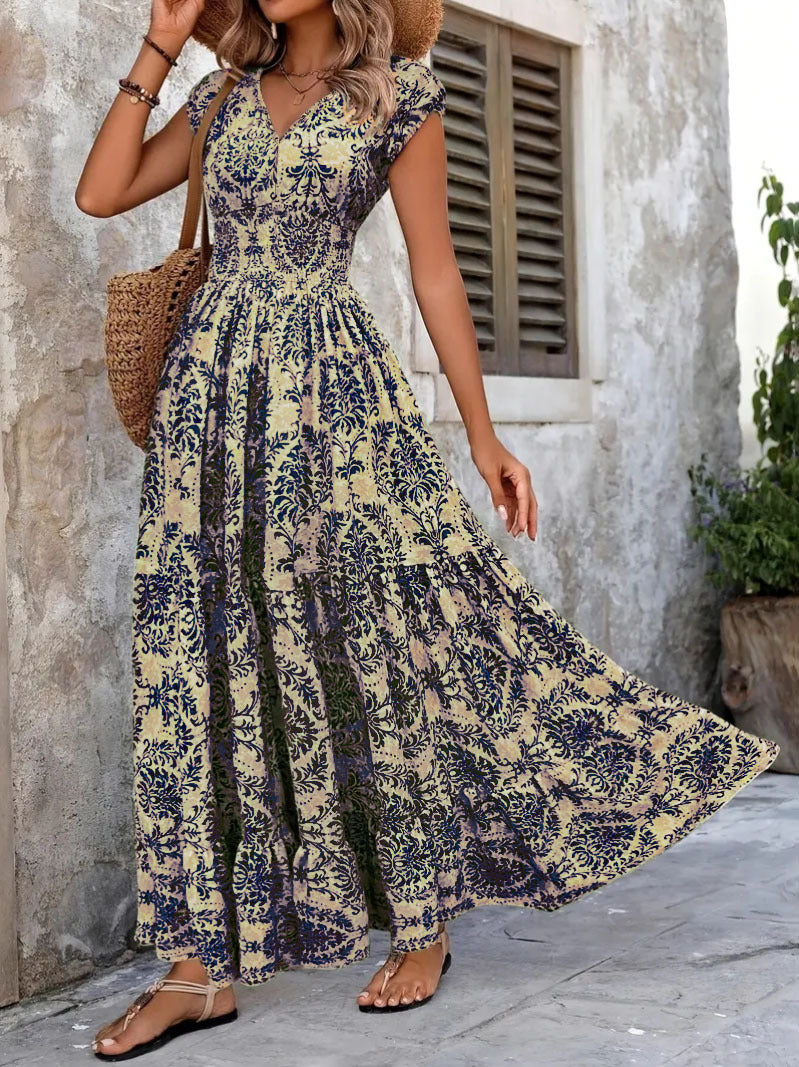 Robe rétro imprimée Robe élégante à manches courtes à col en V et à la mode