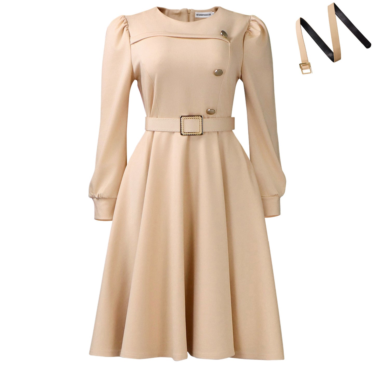 Habit :Robe élégante pour femme, col rond, manches longues, taille haute, coupe trapèze