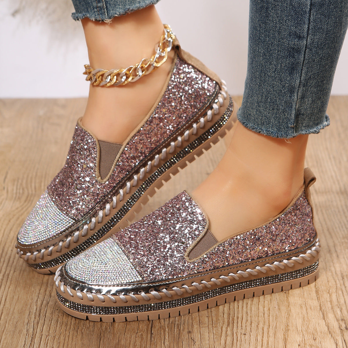 Mocassins décontractés pour femmes avec strass et semelle épaisse