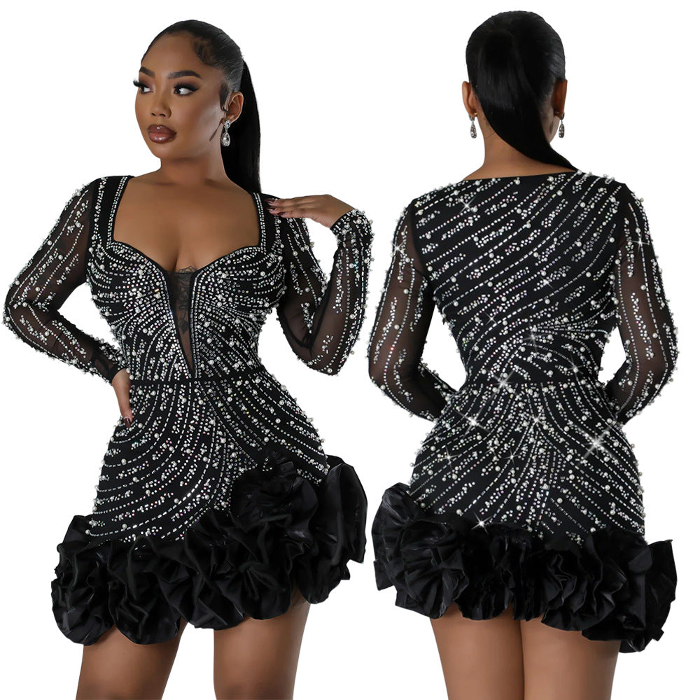 Robe à perles à bulles pour femme, manches longues, col carré