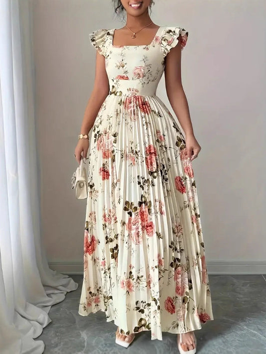 Robe plissée à manches volantées et encolure carrée fleurie