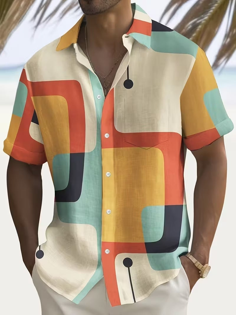 Chemise d'été imprimée européenne et américaine à manches courtes pour homme, coupe ample, grande taille, col à revers.