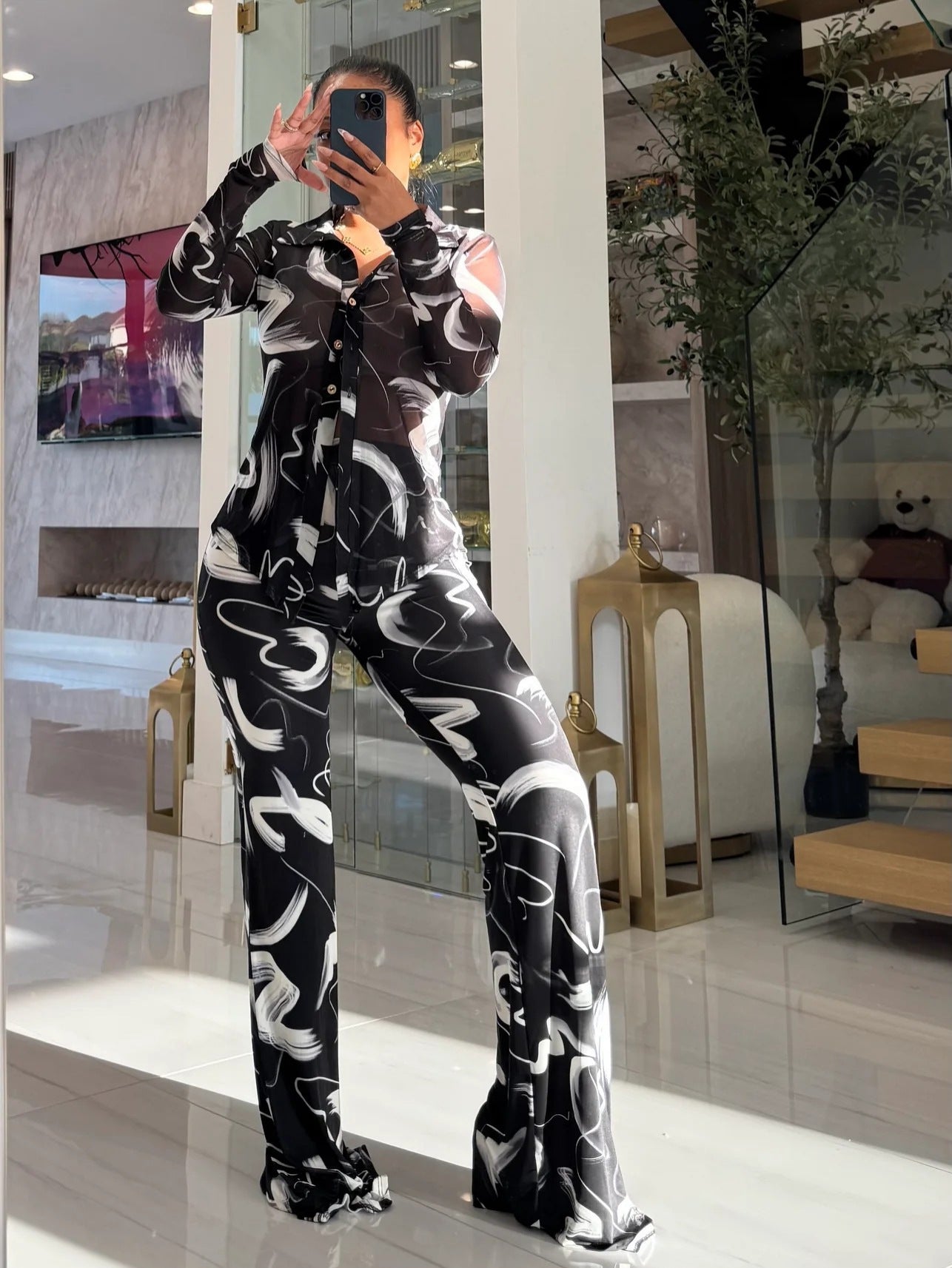 Habit :Ensemble cardigan en maille imprimée et pantalon évasé pour femme