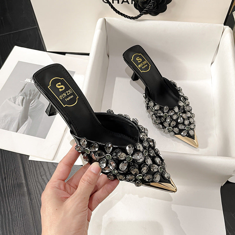 Chaussures :Pantoufles à talons hauts à bout pointu ornées de perles
