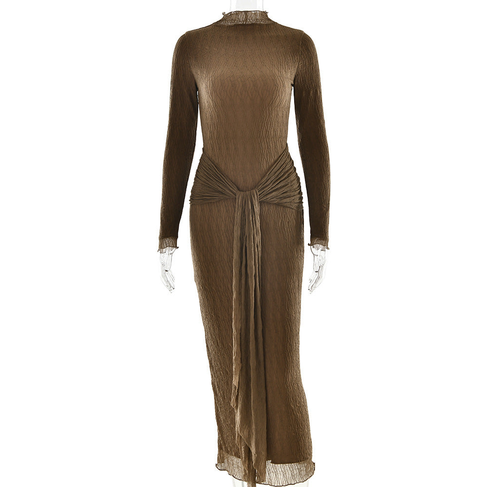 Robe longue ajustée plissée, unie, à manches longues, tendance et sexy