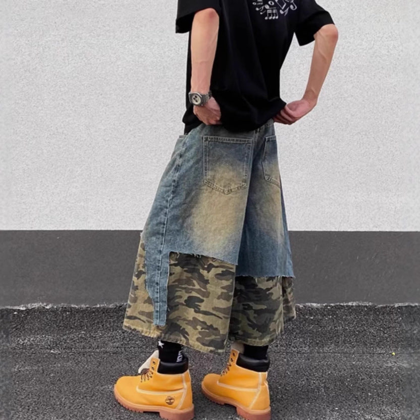 Shorts en jean lavé pour hommes taille haute style raccourci et usé