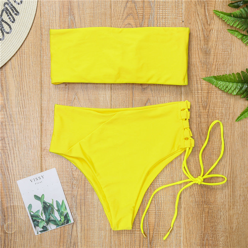 Maillot de bain bikini taille haute couleur unie
